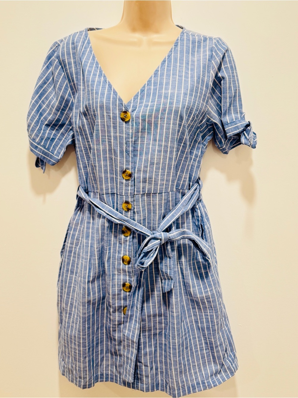 Jennifer & Grace Romper Women M Blue White Stripe Button Tie Waist Cotton